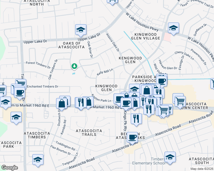 map of restaurants, bars, coffee shops, grocery stores, and more near 19227 Sarah Ann Court in Humble