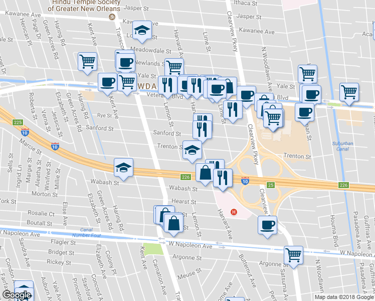 map of restaurants, bars, coffee shops, grocery stores, and more near 4828 Trenton Street in Metairie