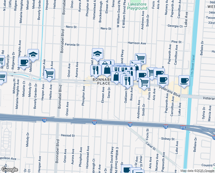 map of restaurants, bars, coffee shops, grocery stores, and more near 524 Sena Drive in Metairie