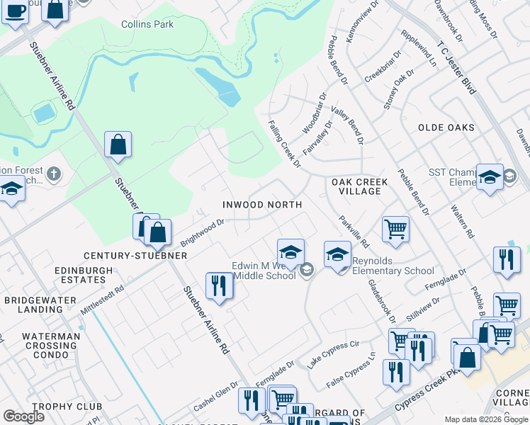 map of restaurants, bars, coffee shops, grocery stores, and more near 4102 Brightwood Drive in Houston