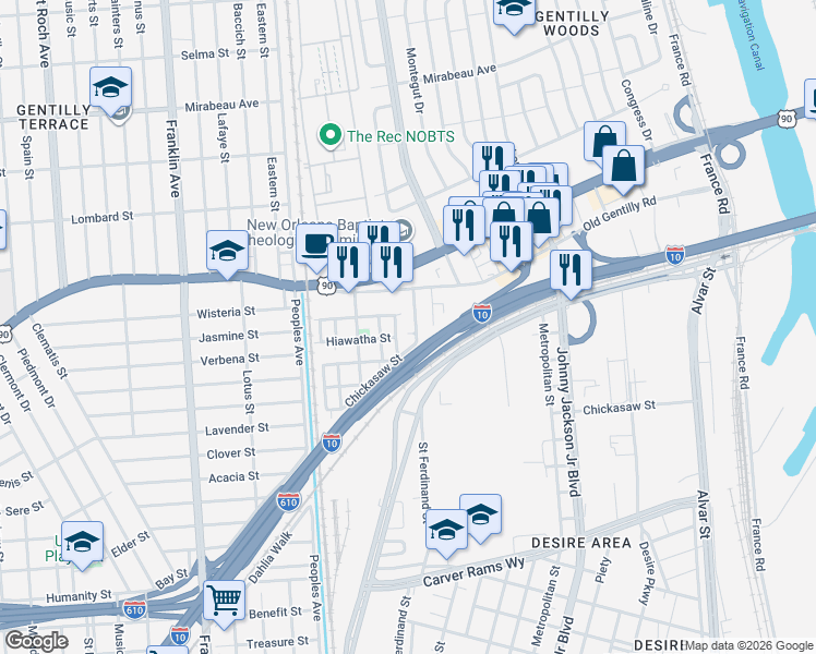 map of restaurants, bars, coffee shops, grocery stores, and more near 4044 Velie Street in New Orleans