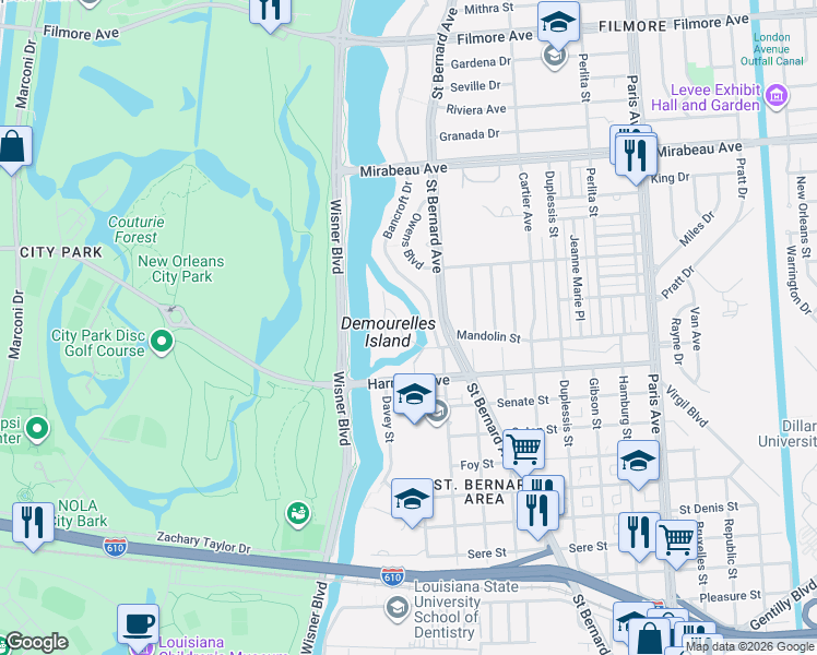 map of restaurants, bars, coffee shops, grocery stores, and more near 27 Park Island Drive in New Orleans