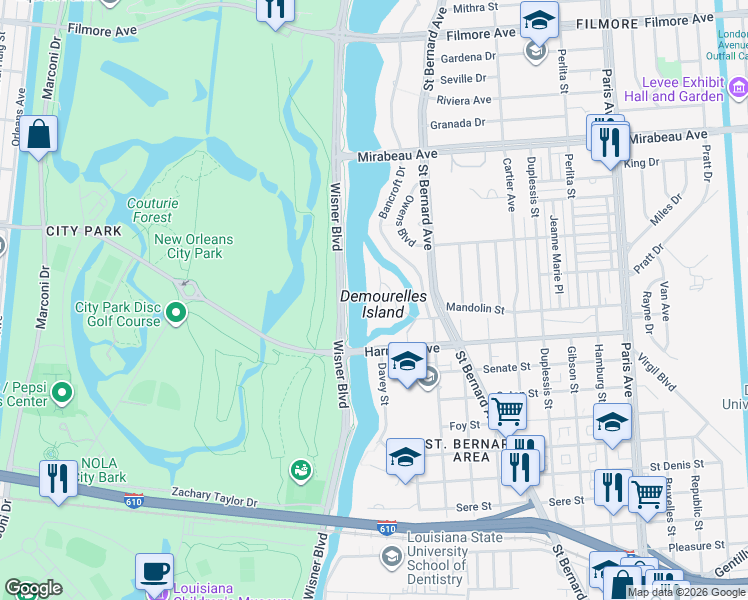 map of restaurants, bars, coffee shops, grocery stores, and more near 27 Park Island Drive in New Orleans