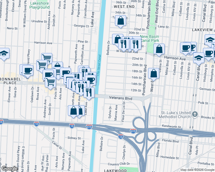 map of restaurants, bars, coffee shops, grocery stores, and more near 6057 Bellaire Drive in New Orleans