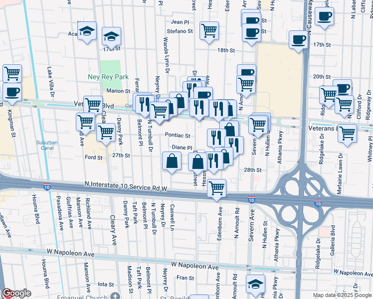 map of restaurants, bars, coffee shops, grocery stores, and more near 3707 Diane Place in Metairie