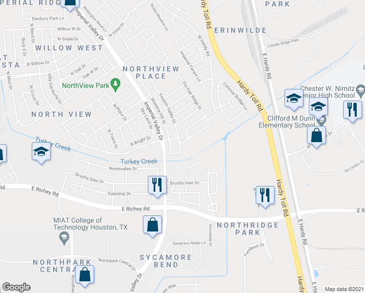 map of restaurants, bars, coffee shops, grocery stores, and more near 1106 Piedmont Creek Trail in Houston