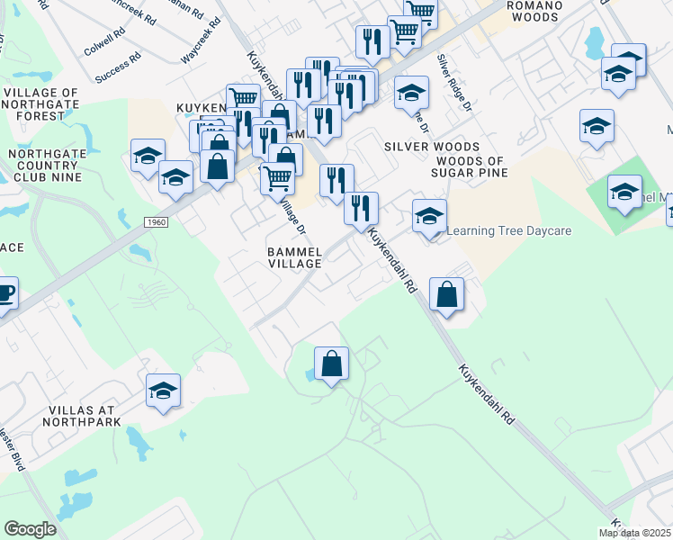 map of restaurants, bars, coffee shops, grocery stores, and more near 19 Bammelwood Drive in Houston