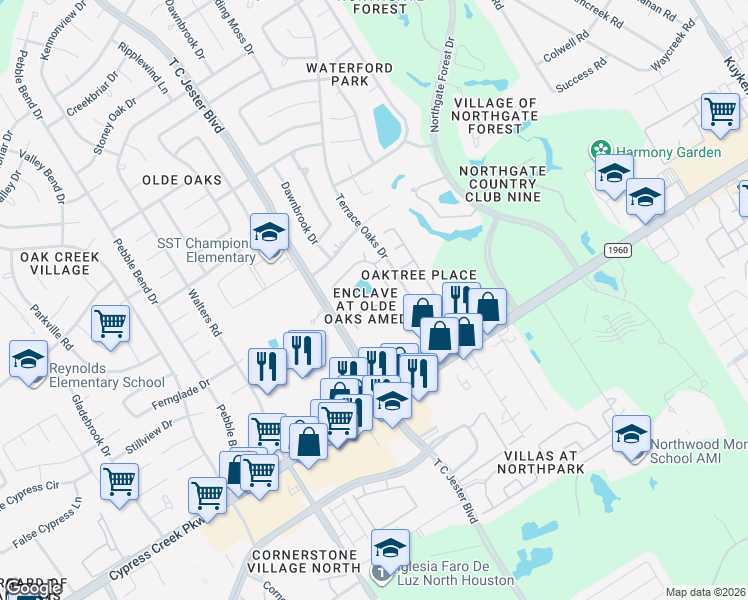 map of restaurants, bars, coffee shops, grocery stores, and more near 3218 Forest Willow Lane in Houston