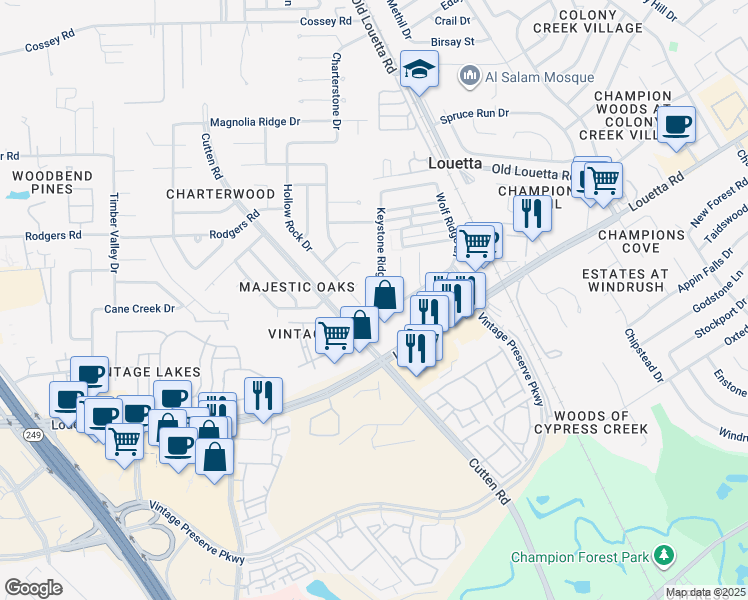 map of restaurants, bars, coffee shops, grocery stores, and more near 15814 Hollow Rock Drive in Houston