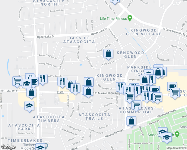 map of restaurants, bars, coffee shops, grocery stores, and more near 6002 Kristen Park Lane in Humble