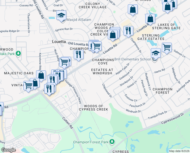 map of restaurants, bars, coffee shops, grocery stores, and more near 9710 Chipstead Circle in Spring