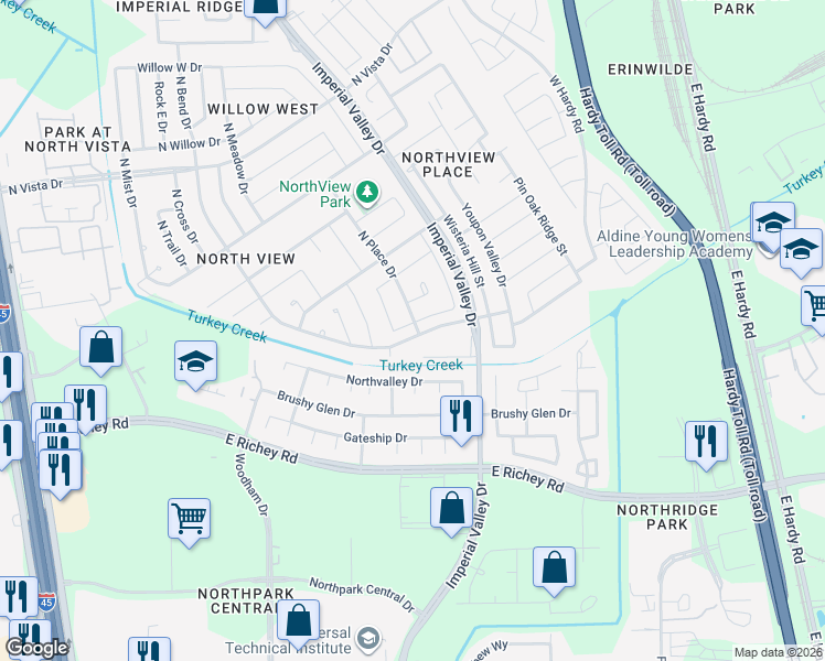 map of restaurants, bars, coffee shops, grocery stores, and more near 818 North Bright Drive in Houston