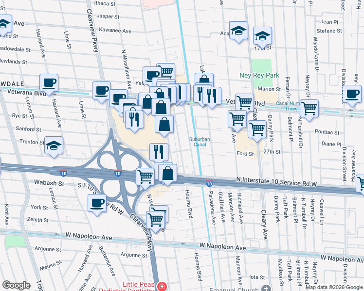 map of restaurants, bars, coffee shops, grocery stores, and more near 2908 Independence Street in Metairie