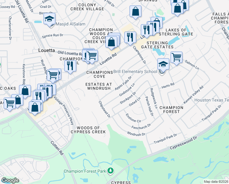 map of restaurants, bars, coffee shops, grocery stores, and more near 9607 Appin Falls Drive in Spring
