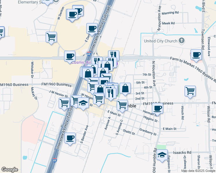 map of restaurants, bars, coffee shops, grocery stores, and more near 228 1st Street East in Humble