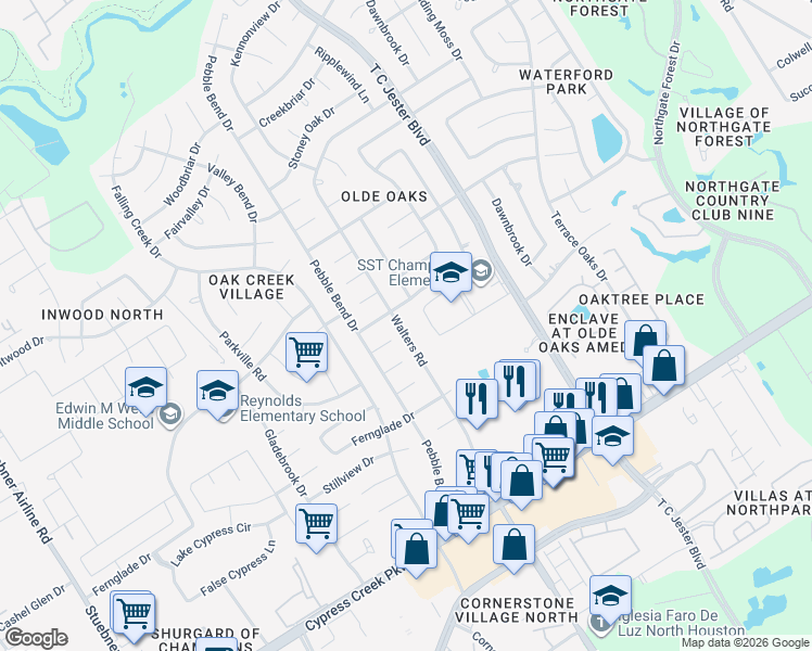 map of restaurants, bars, coffee shops, grocery stores, and more near 15018 Walters Road in Houston