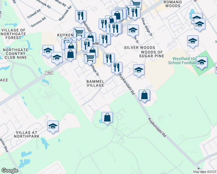 map of restaurants, bars, coffee shops, grocery stores, and more near 19 Bammelwood Drive in Houston