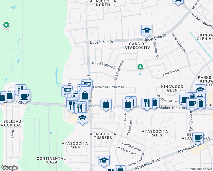 map of restaurants, bars, coffee shops, grocery stores, and more near 5503 Enchanted Timbers Drive in Humble