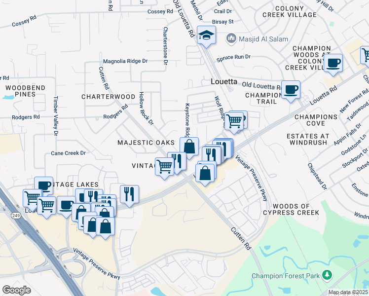 map of restaurants, bars, coffee shops, grocery stores, and more near 15814 Hollow Rock Drive in Houston