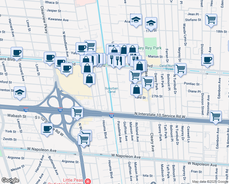map of restaurants, bars, coffee shops, grocery stores, and more near 4108 Sanford Street in Metairie