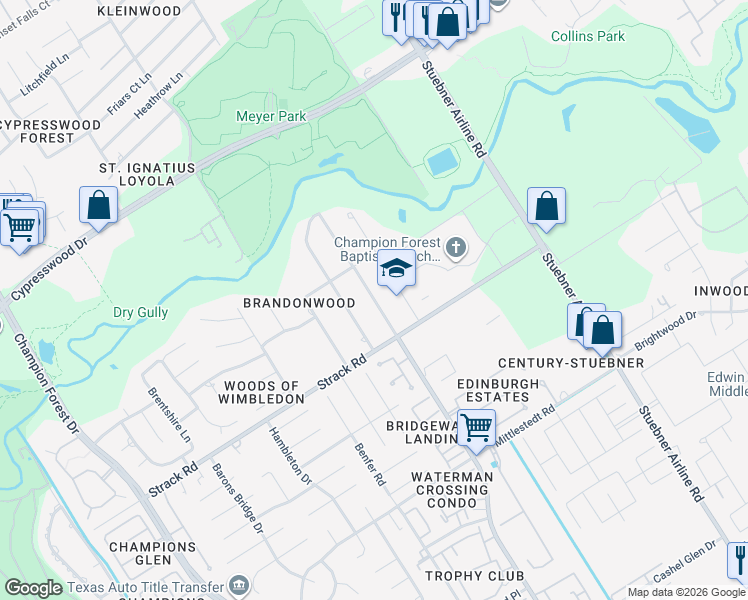 map of restaurants, bars, coffee shops, grocery stores, and more near 15407 Cypress Garden Drive in Houston