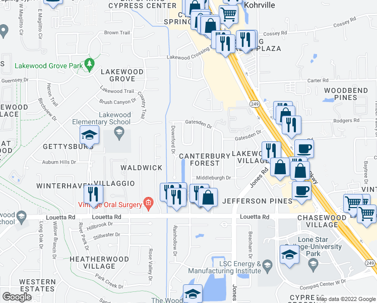 map of restaurants, bars, coffee shops, grocery stores, and more near 11606 Pemford Drive in Tomball