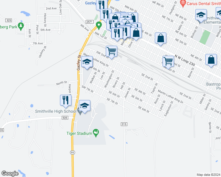 map of restaurants, bars, coffee shops, grocery stores, and more near 504 Rivers Street in Smithville
