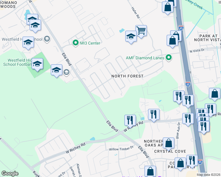 map of restaurants, bars, coffee shops, grocery stores, and more near 16227 Autumn Wind Drive in Houston