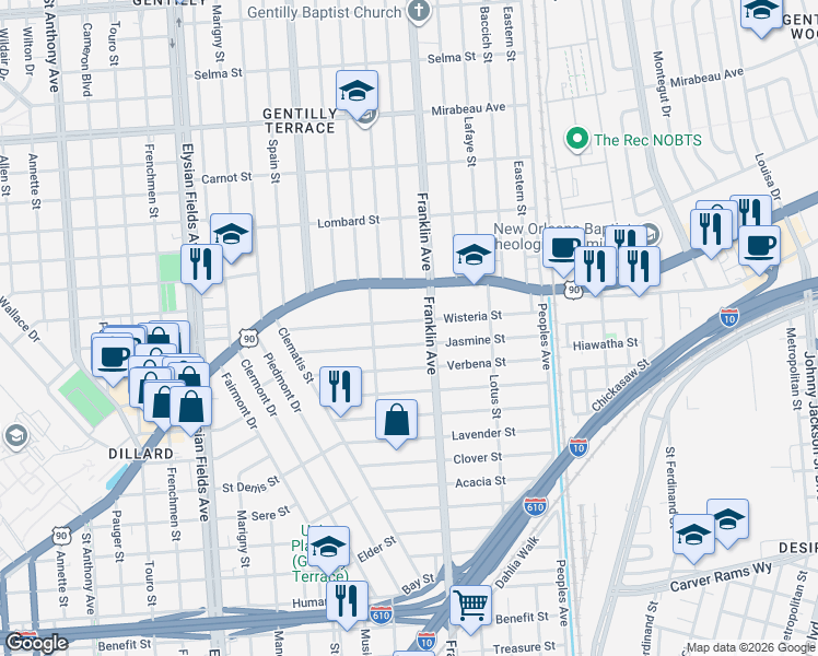 map of restaurants, bars, coffee shops, grocery stores, and more near 2560 Wisteria Street in New Orleans