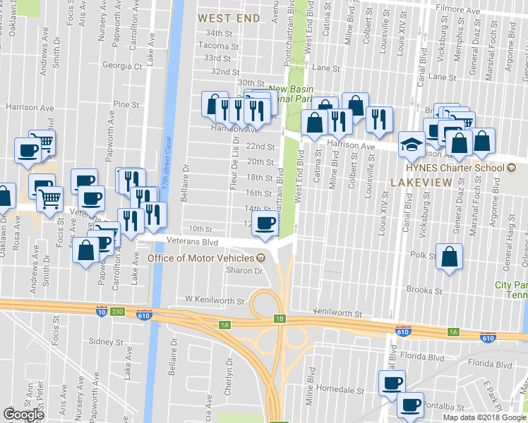 map of restaurants, bars, coffee shops, grocery stores, and more near 126 14th Street in New Orleans