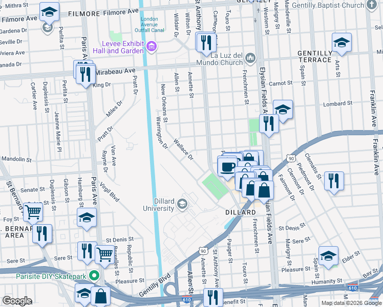 map of restaurants, bars, coffee shops, grocery stores, and more near 401 Wallace Drive in New Orleans