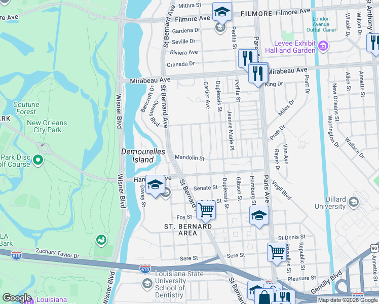 map of restaurants, bars, coffee shops, grocery stores, and more near 4315 Wellington Drive in New Orleans