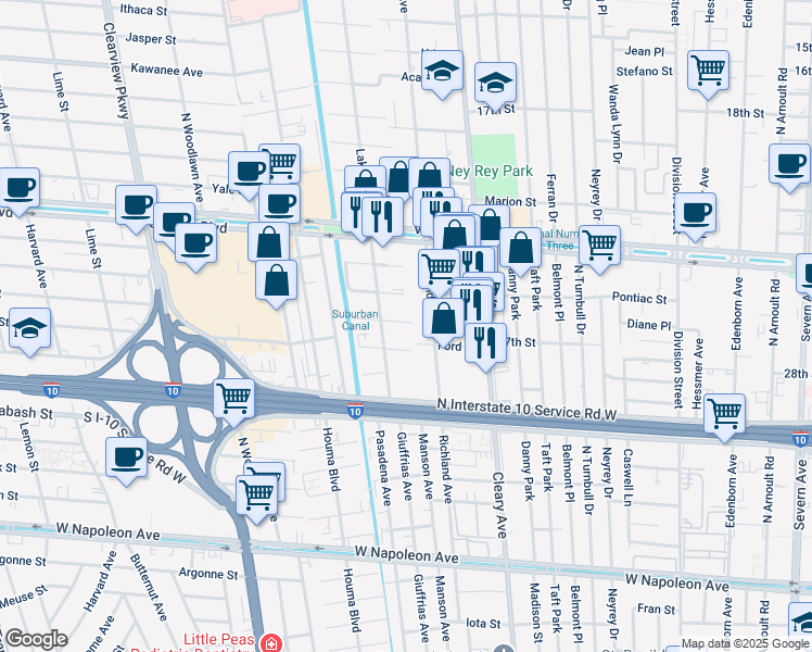 map of restaurants, bars, coffee shops, grocery stores, and more near 4028 Sanford Street in Metairie