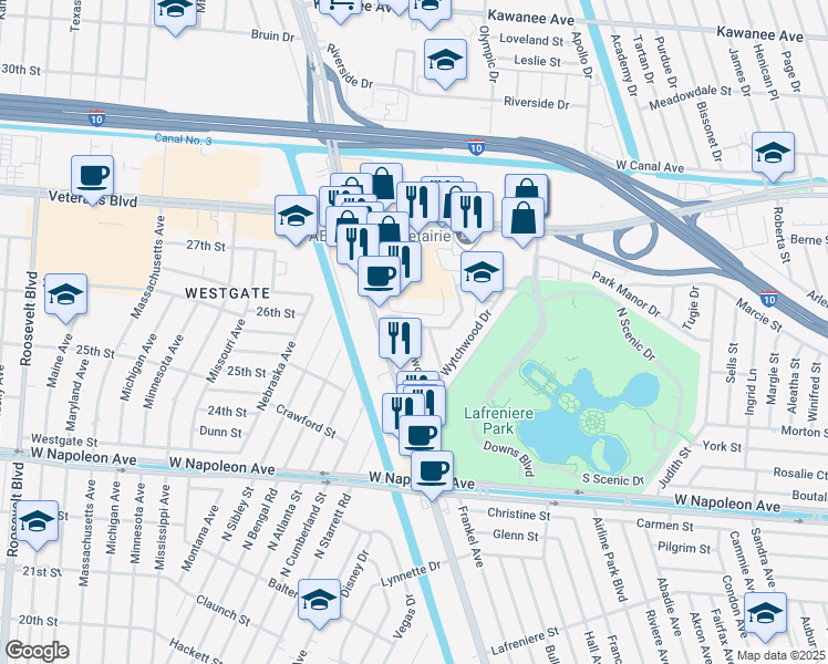 map of restaurants, bars, coffee shops, grocery stores, and more near 6911 Rosebank Drive in Metairie