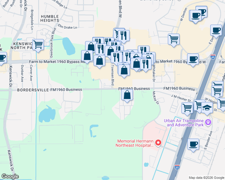map of restaurants, bars, coffee shops, grocery stores, and more near 9334 Humble Westfield Road in Humble