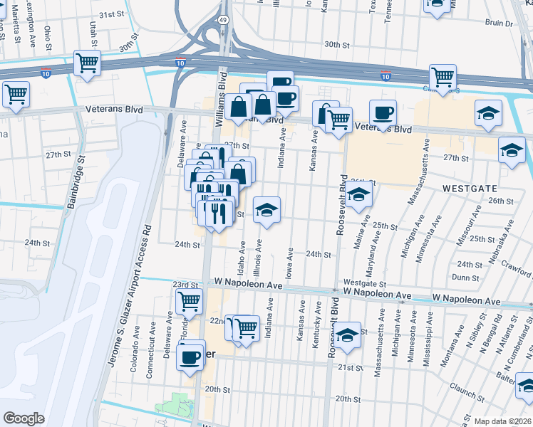 map of restaurants, bars, coffee shops, grocery stores, and more near 2260 25th Street in Kenner