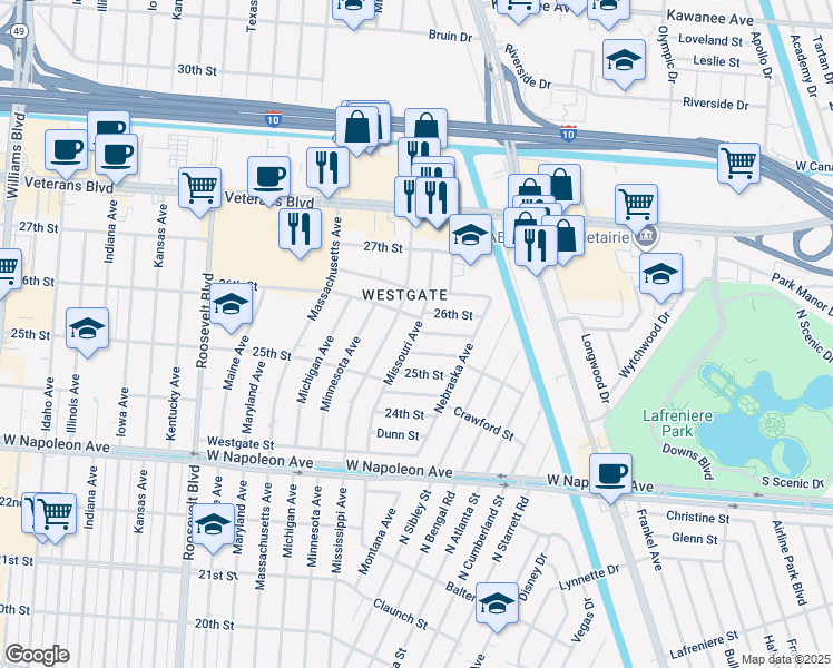 map of restaurants, bars, coffee shops, grocery stores, and more near 8740 Donnaway Street in Metairie