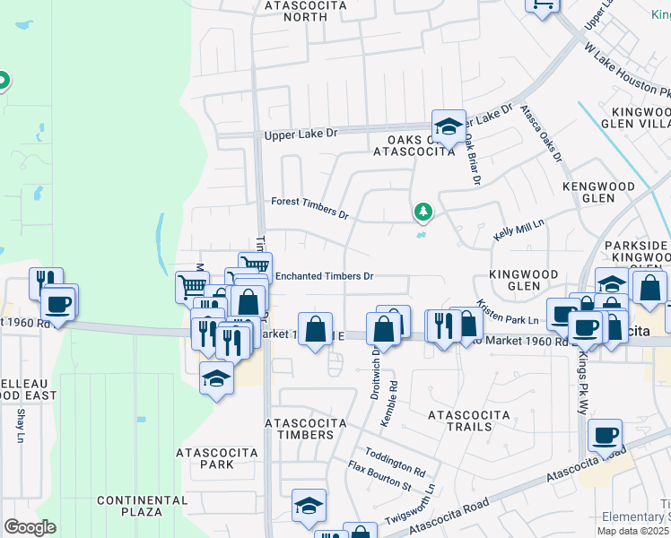 map of restaurants, bars, coffee shops, grocery stores, and more near 5531 Enchanted Timbers Drive in Humble