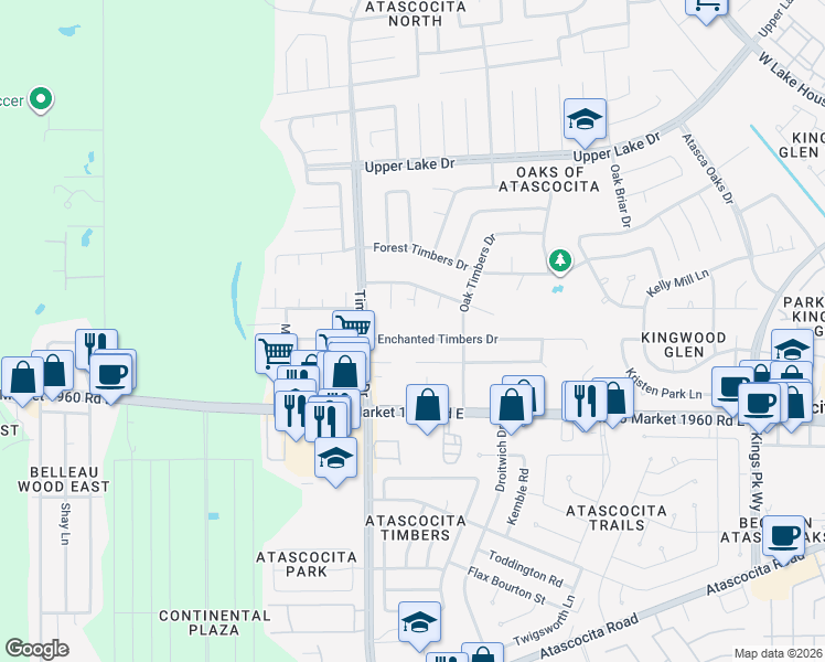 map of restaurants, bars, coffee shops, grocery stores, and more near 5503 Enchanted Timbers Dr in Humble