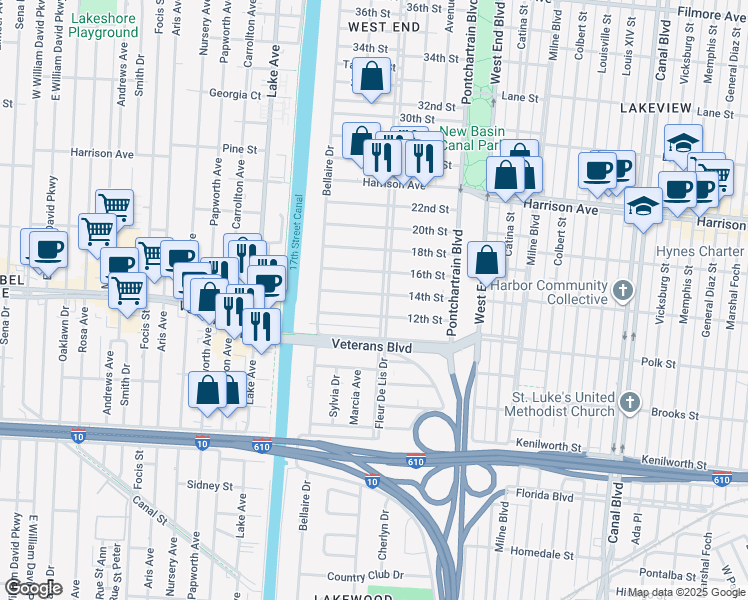 map of restaurants, bars, coffee shops, grocery stores, and more near 334 14th Street in New Orleans