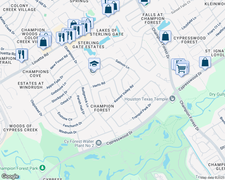map of restaurants, bars, coffee shops, grocery stores, and more near 16211 Kempton Park Drive in Spring