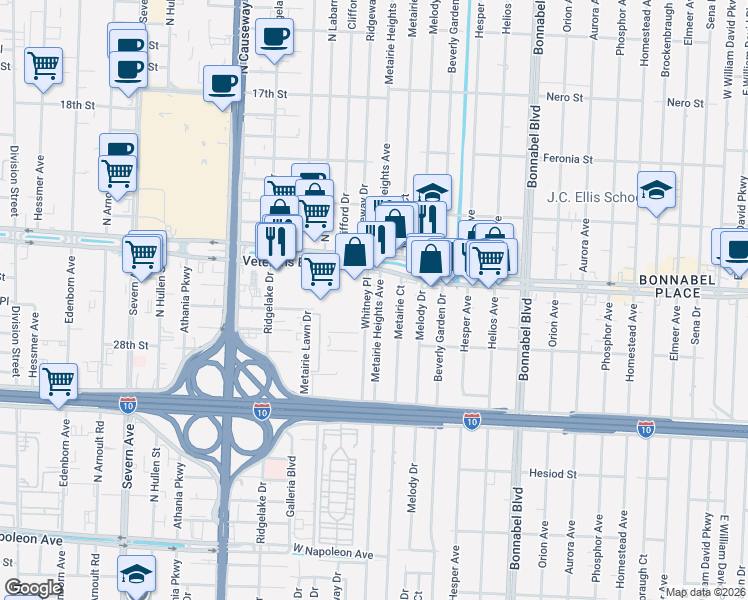 map of restaurants, bars, coffee shops, grocery stores, and more near 2816 Metairie Court in Metairie