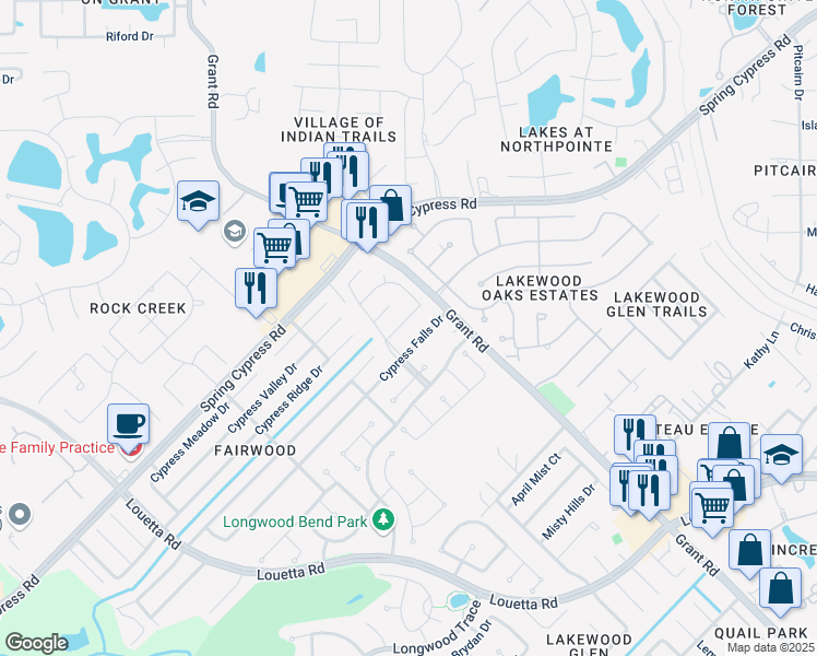 map of restaurants, bars, coffee shops, grocery stores, and more near 14027 Fairwood Breeze in Cypress