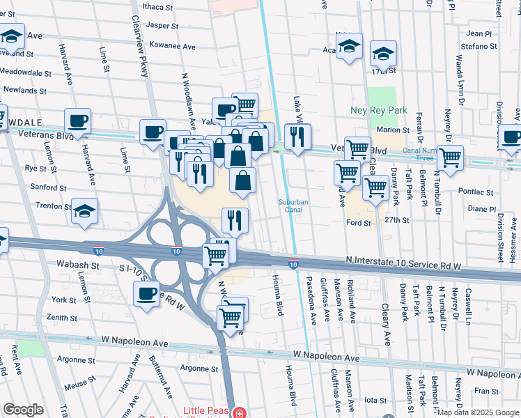 map of restaurants, bars, coffee shops, grocery stores, and more near 2917 Kingman Street in Metairie