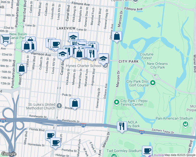map of restaurants, bars, coffee shops, grocery stores, and more near 6138 General Haig Street in New Orleans