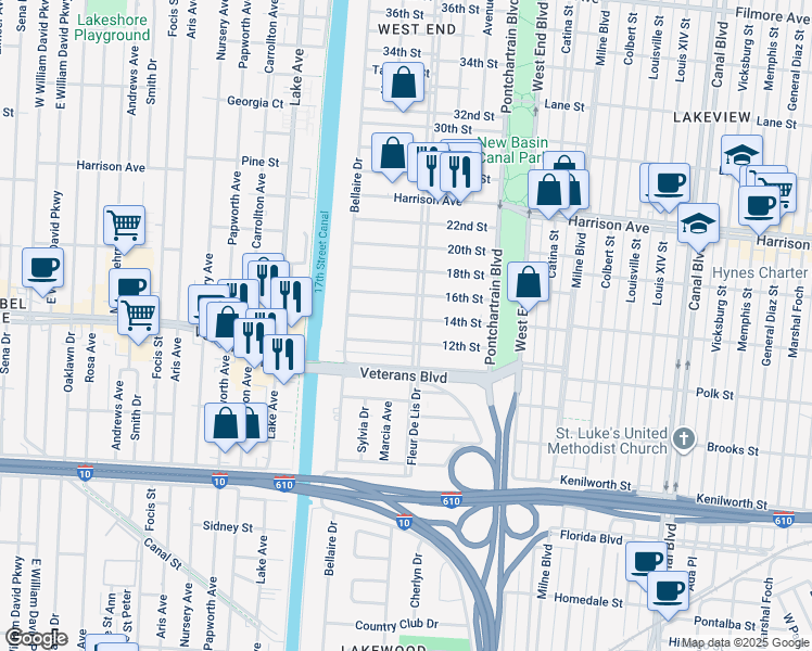 map of restaurants, bars, coffee shops, grocery stores, and more near 334 14th Street in New Orleans