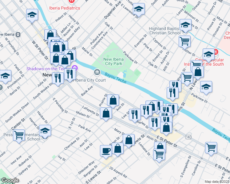 map of restaurants, bars, coffee shops, grocery stores, and more near 623 East Main Street in New Iberia