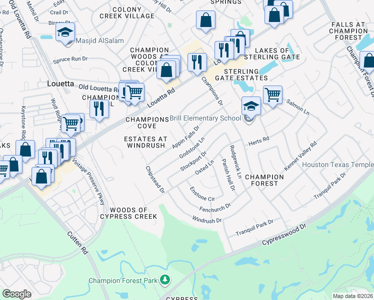 map of restaurants, bars, coffee shops, grocery stores, and more near 9510 Godstone Lane in Spring
