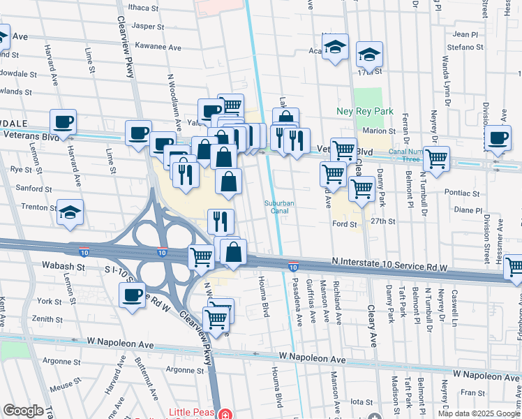 map of restaurants, bars, coffee shops, grocery stores, and more near 2908 Independence Street in Metairie