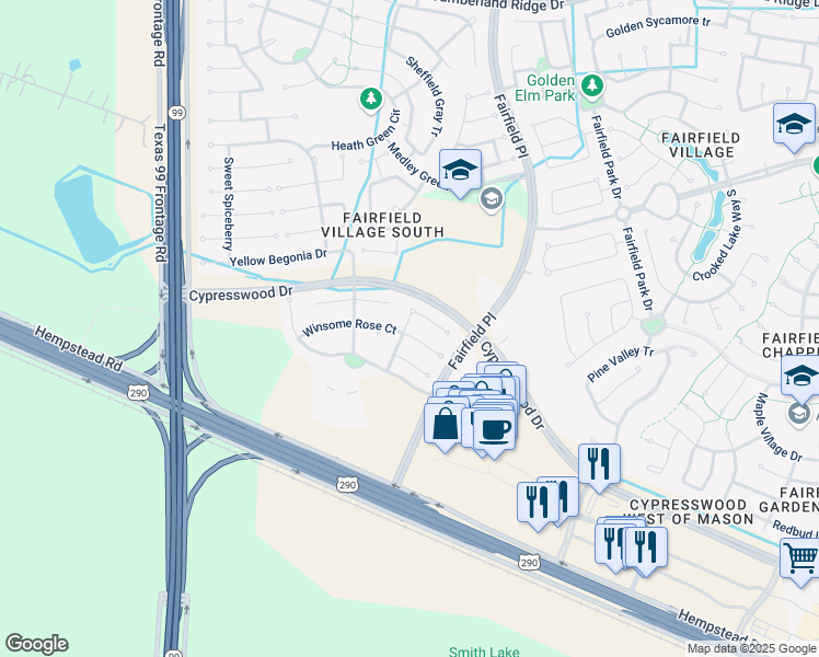 map of restaurants, bars, coffee shops, grocery stores, and more near 21742 Winsome Rose Court in Cypress